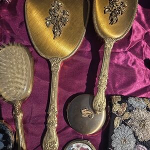 Vintage Gold Rose Accent Vanity Set of Mirror and Hair Brush
